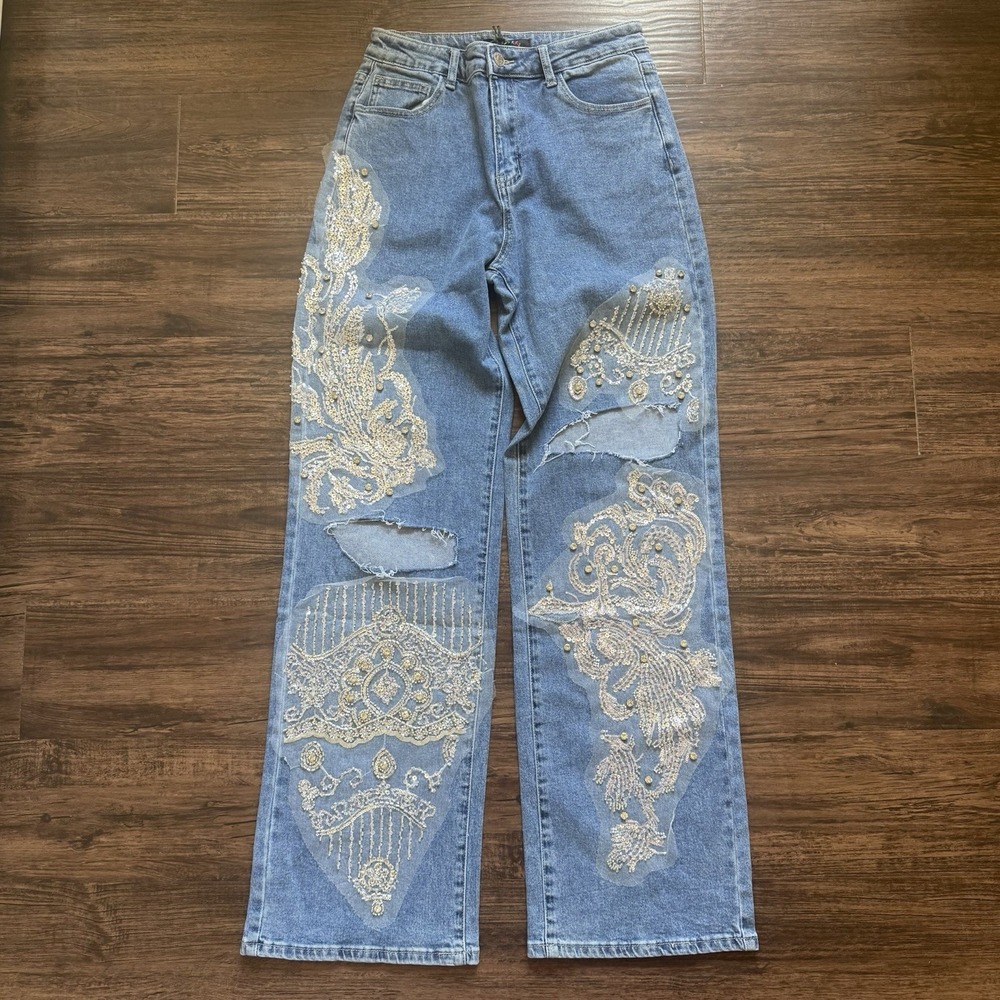 NWT Cape Robbin 26x32 Rorie Embellished Distressed Jeans Y2K Sequin Wide Leg